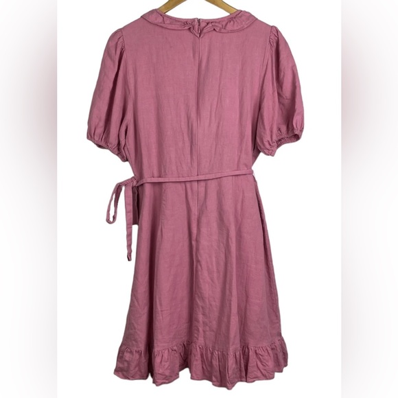 Portmans Madison Wrap Dress Pink Linen Blend Tie Waist Short Ruffle Size L 14 - Picture 3 of 11